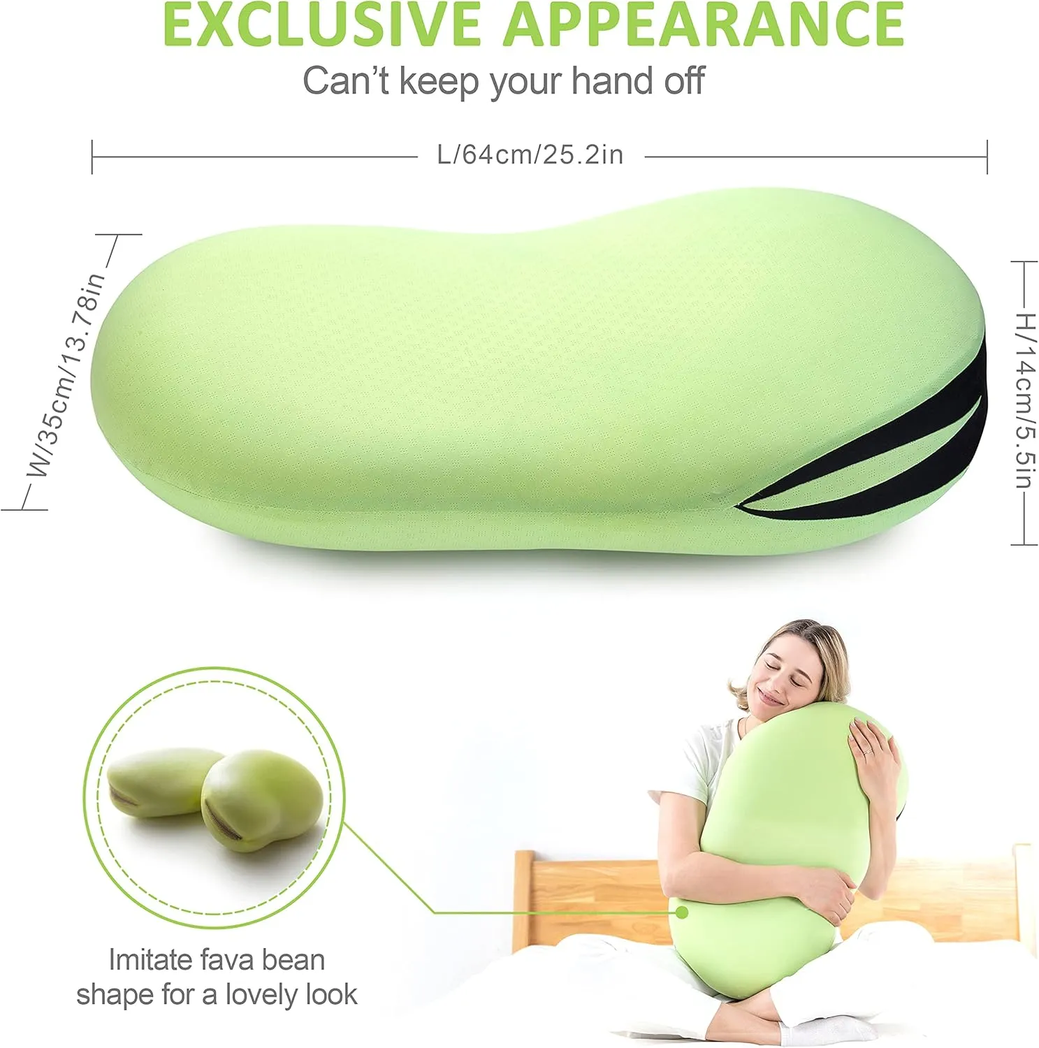 H HOKIZU Cooling Memory Foam Pillow, Cute Pillow Fava Bean Appearance, Soft, Silky, Cool Touch Pillowcase, Cervical Pillow for Neck and Shoulder Pain Relief, Green