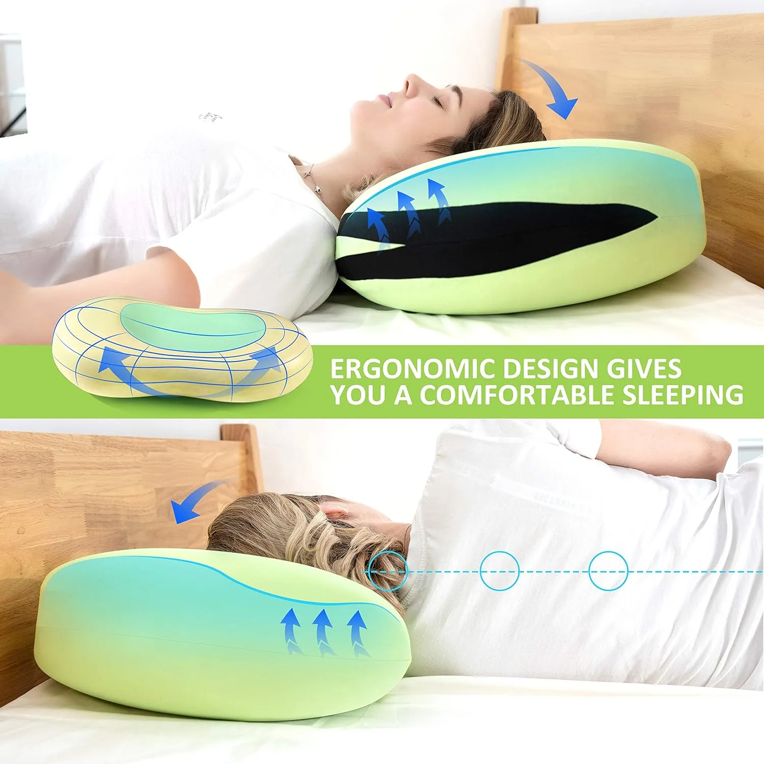 H HOKIZU Cooling Memory Foam Pillow, Cute Pillow Fava Bean Appearance, Soft, Silky, Cool Touch Pillowcase, Cervical Pillow for Neck and Shoulder Pain Relief, Green