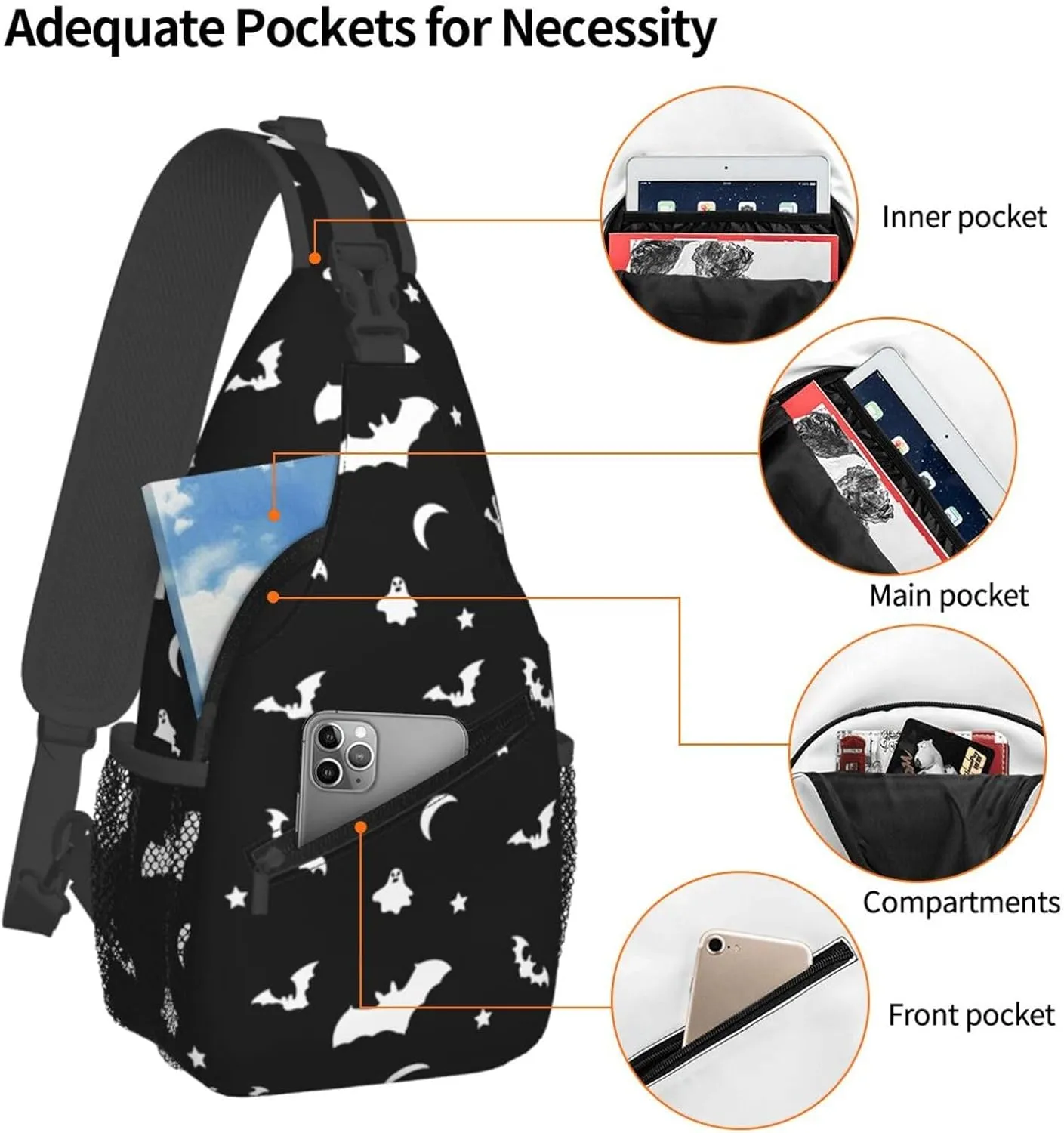 Halloween Goth Bats and Moon Sling Backpack for Women Men, Chest Bag Daypack Crossbody for Travel Sport Running Hiking