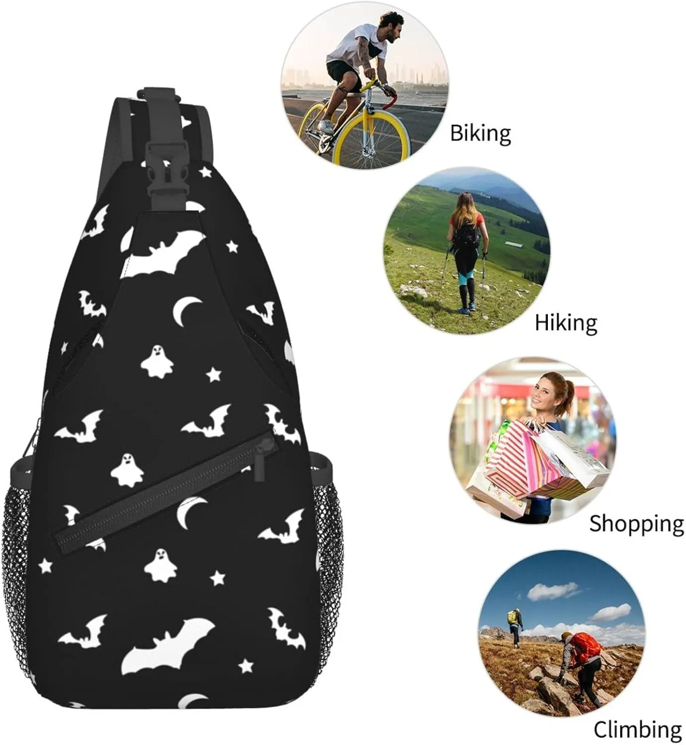 Halloween Goth Bats and Moon Sling Backpack for Women Men, Chest Bag Daypack Crossbody for Travel Sport Running Hiking