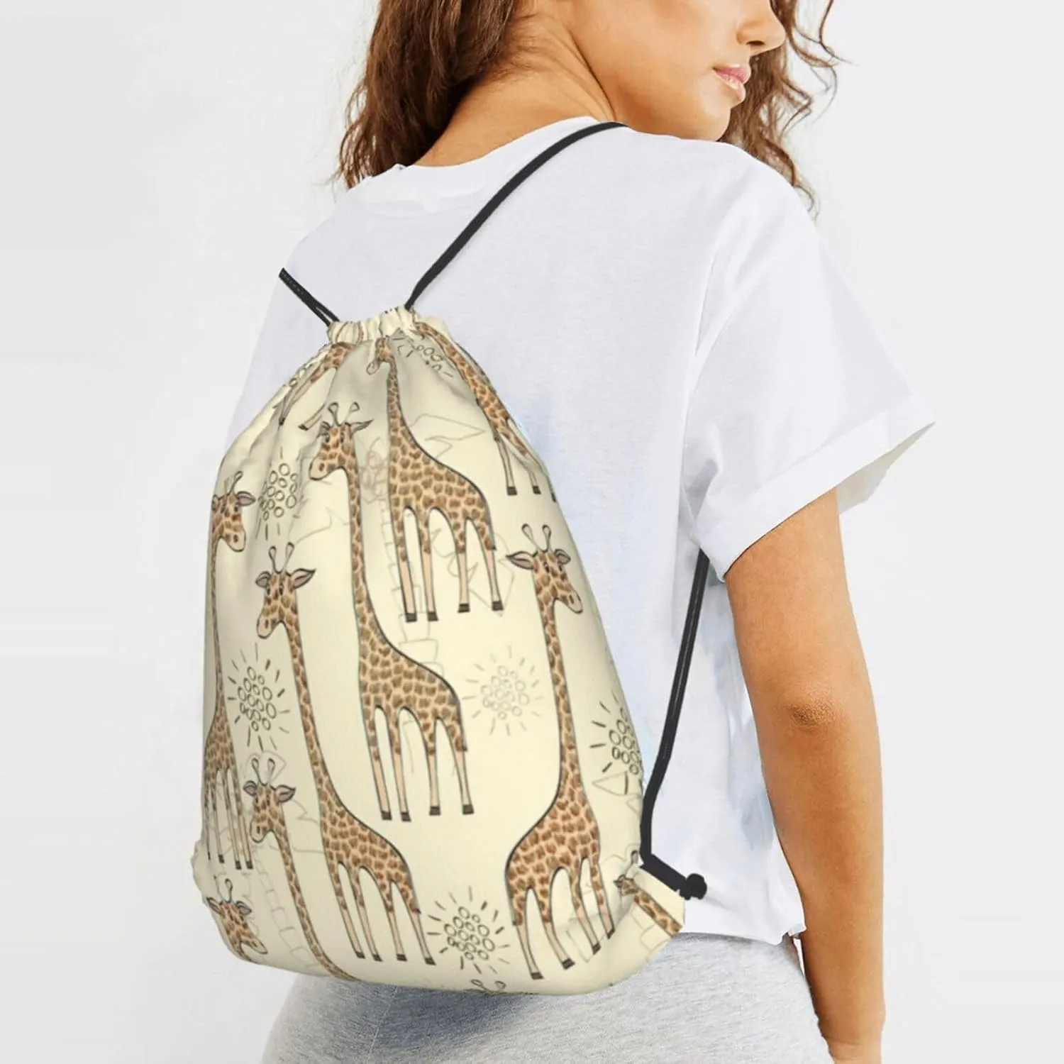 Hand Drawn Giraffes Drawstring Cinch Backpack Polyester Sack Pack String Bag For Hiking Camping Adventure