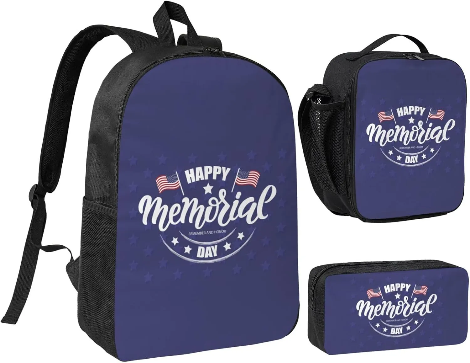 Happy Memorial Day Backpack Set Lightweight Laptop Backpack Lunch Bag with Pencil Case for Women Men Travel Work