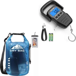 HEETA Waterproof Dry Bag for Women & Men (Transparent Blue 5L) Bundled with Fish Scale with Backlit LCD Display & Measuring Tape, 2AAA Batteries Included (Black)