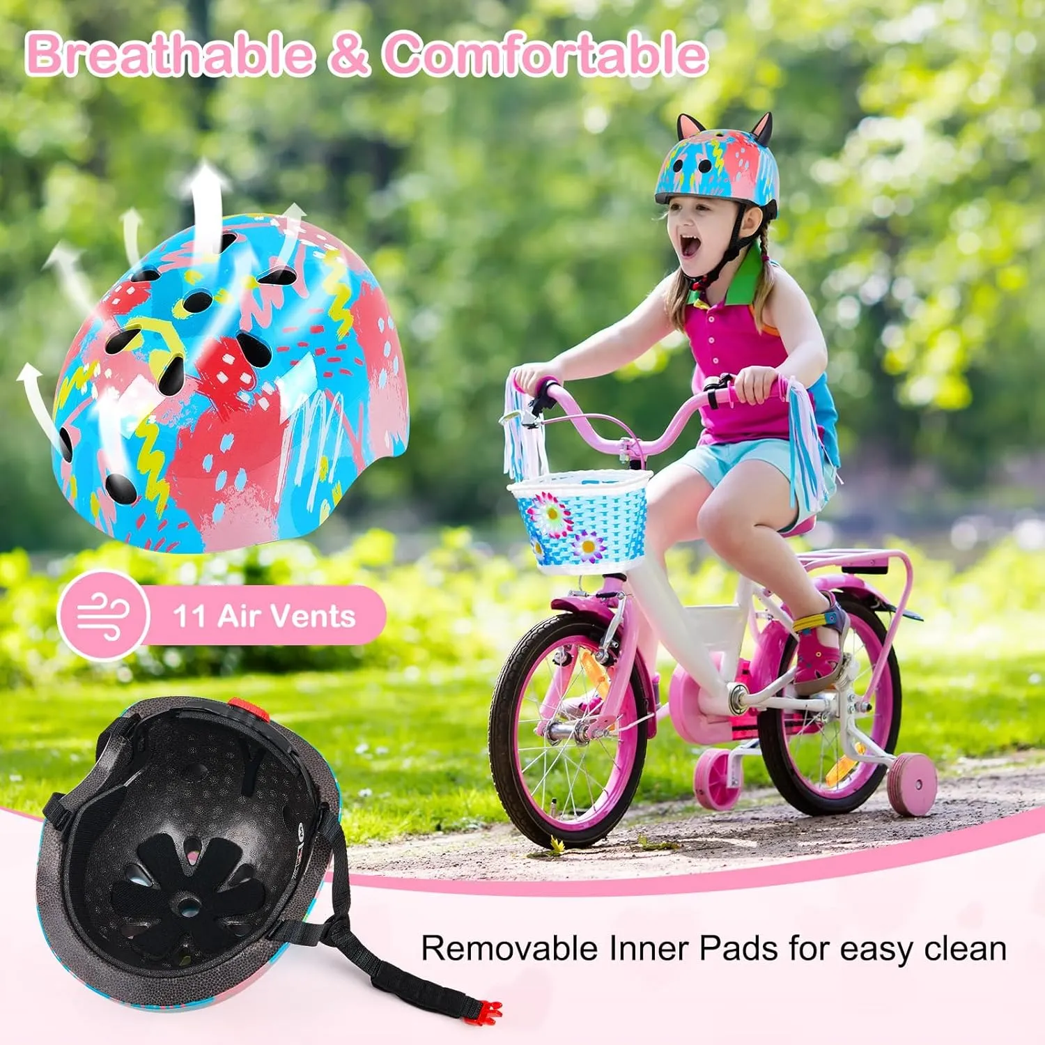 Helmet for Kids 8-14, Adjustable Kids Bike Helmet with DIY Cat Ears for Girls Youth for Skateboard Scooter Cycling Roller Skating