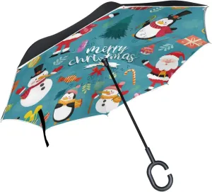 hengpai Christmas New Year Snowman Xmas Christians Reverse Inverted Inside Out Umbrella Cars Unigue Windproof UV Proof Double Layer for Women