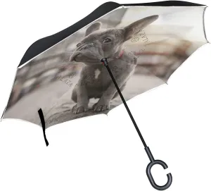 hengpai French Bulldog Street Reverse Inverted Inside Out Umbrella Cars Unigue Windproof UV Proof Double Layer for Women