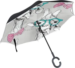 hengpai Funny Giraffe Reverse Inverted Inside Out Umbrella Cars Unigue Windproof UV Proof Double Layer for Women