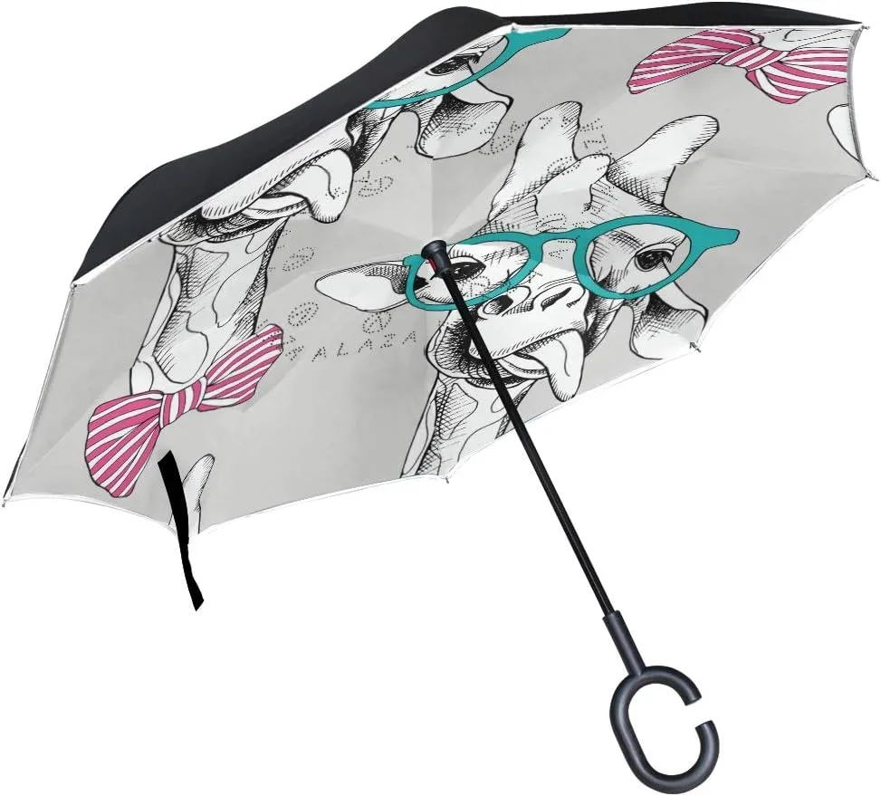 hengpai Funny Giraffe Reverse Inverted Inside Out Umbrella Cars Unigue Windproof UV Proof Double Layer for Women