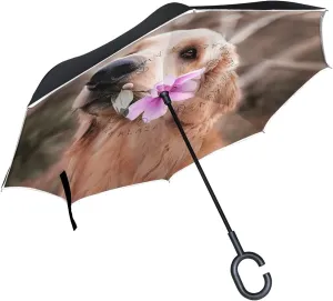 hengpai Golden Retriever Dog Reverse Inverted Inside Out Umbrella Cars Unigue Windproof UV Proof Double Layer for Women