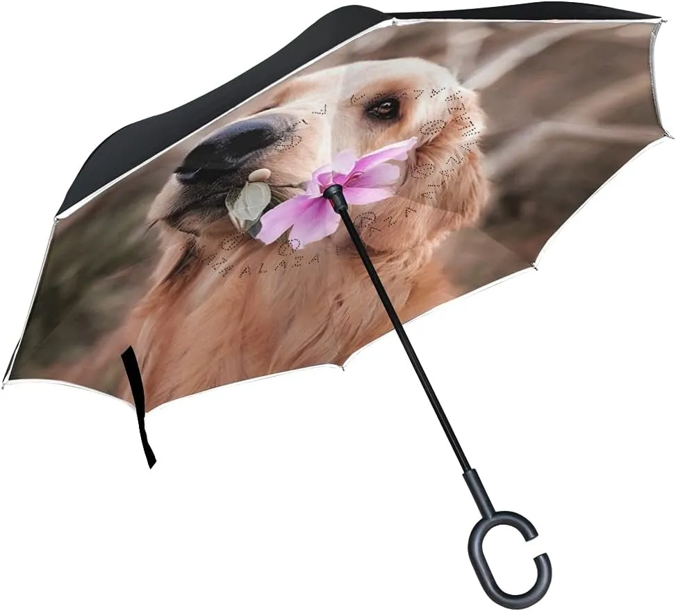 hengpai Golden Retriever Dog Reverse Inverted Inside Out Umbrella Cars Unigue Windproof UV Proof Double Layer for Women