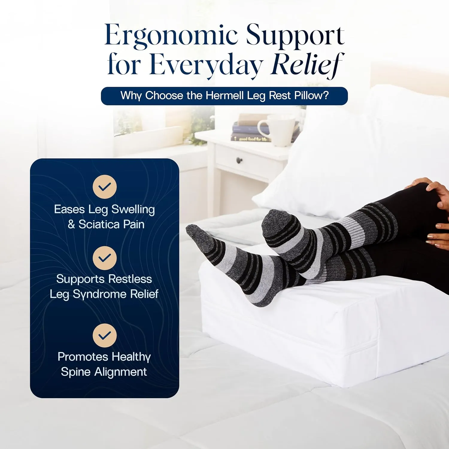 Hermell Zero Gravity Leg Rest Pillow – Foam Wedge for Post-Surgery Recovery, Back Pain Relief, Side Sleeping, Varicose Veins, Restless Legs, Includes Removable, Washable Cover White