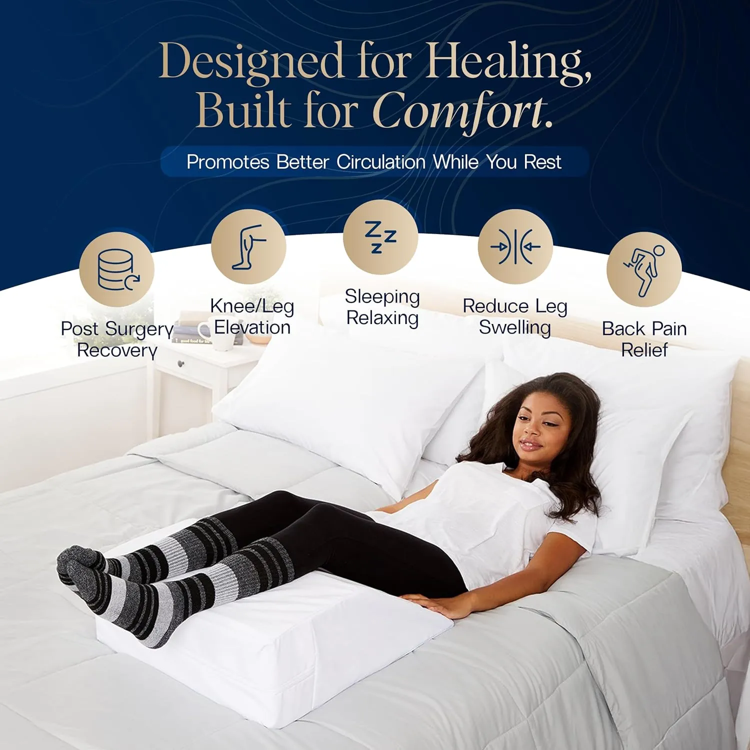 Hermell Zero Gravity Leg Rest Pillow – Foam Wedge for Post-Surgery Recovery, Back Pain Relief, Side Sleeping, Varicose Veins, Restless Legs, Includes Removable, Washable Cover White