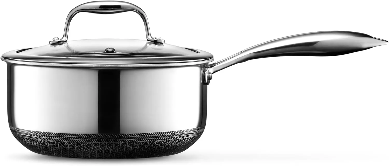 HexClad Hybrid Nonstick 3-Quart Saucepan with Tempered Glass Lid, Stay-Cool Handle, Dishwasher-Friendly, Oven-Safe Up to 900°F, Induction-Ready, Compatible with All Cooktops