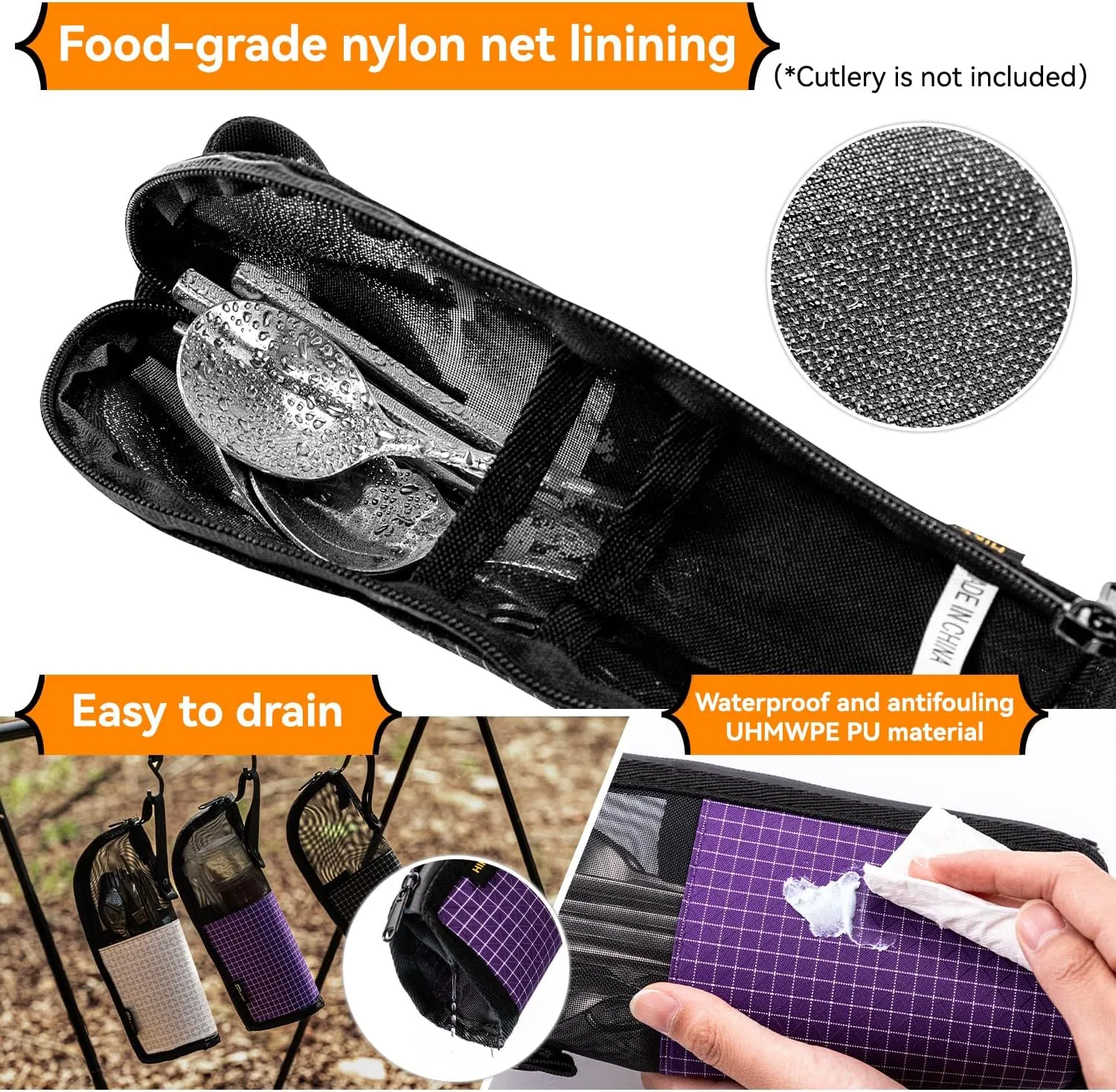 HIKEMAN Camping Cookware Mess Kit Bag, High-Capacity Draining Camping Tableware Storage Bag, Cutlery Bag Cookware Organizer for Camping, Outdoor，Picnic, Gadgets，Cooking Essentials(Black)