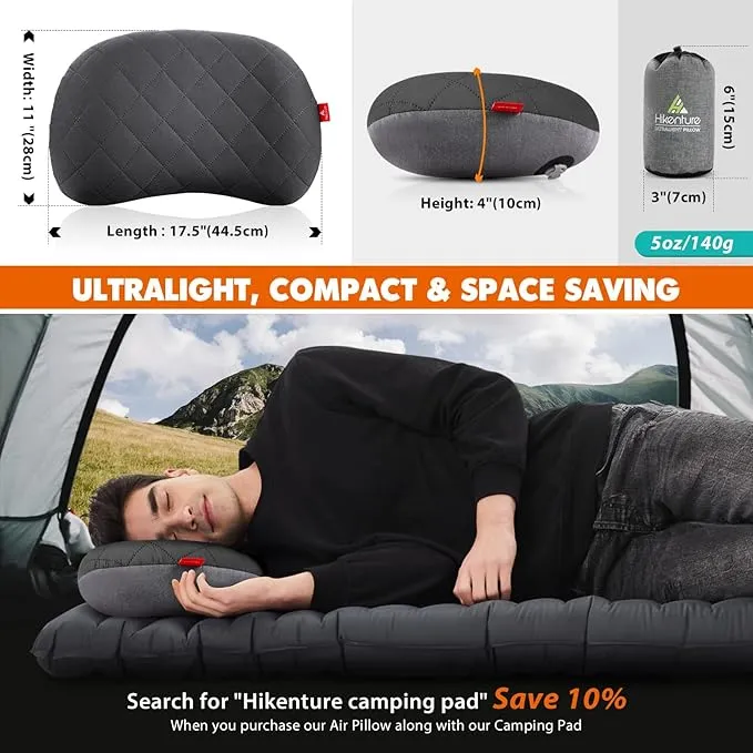 Hikenture Camping Pillow, Inflatable Air Pillow with Removable Cover, Backpacking Pillow for Sleeping, Ultralight Blow Up Pillows, Portable&Compact Hiking Pillow for Beach, Travel, Outdoor(Grey)