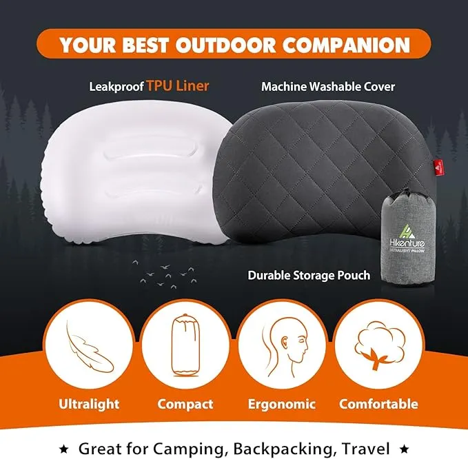 Hikenture Camping Pillow, Inflatable Air Pillow with Removable Cover, Backpacking Pillow for Sleeping, Ultralight Blow Up Pillows, Portable&Compact Hiking Pillow for Beach, Travel, Outdoor(Grey)