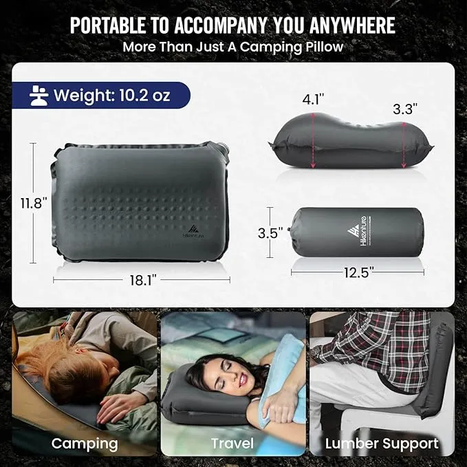 Hikenture Self Inflating Camping Pillow, Foam Travel Pillows for Sleeping, Ergonomic 3D Support Inflatable Pillow, Compressible Blow Up Camp Pillow, Portable Backpacking Pillow, Grey