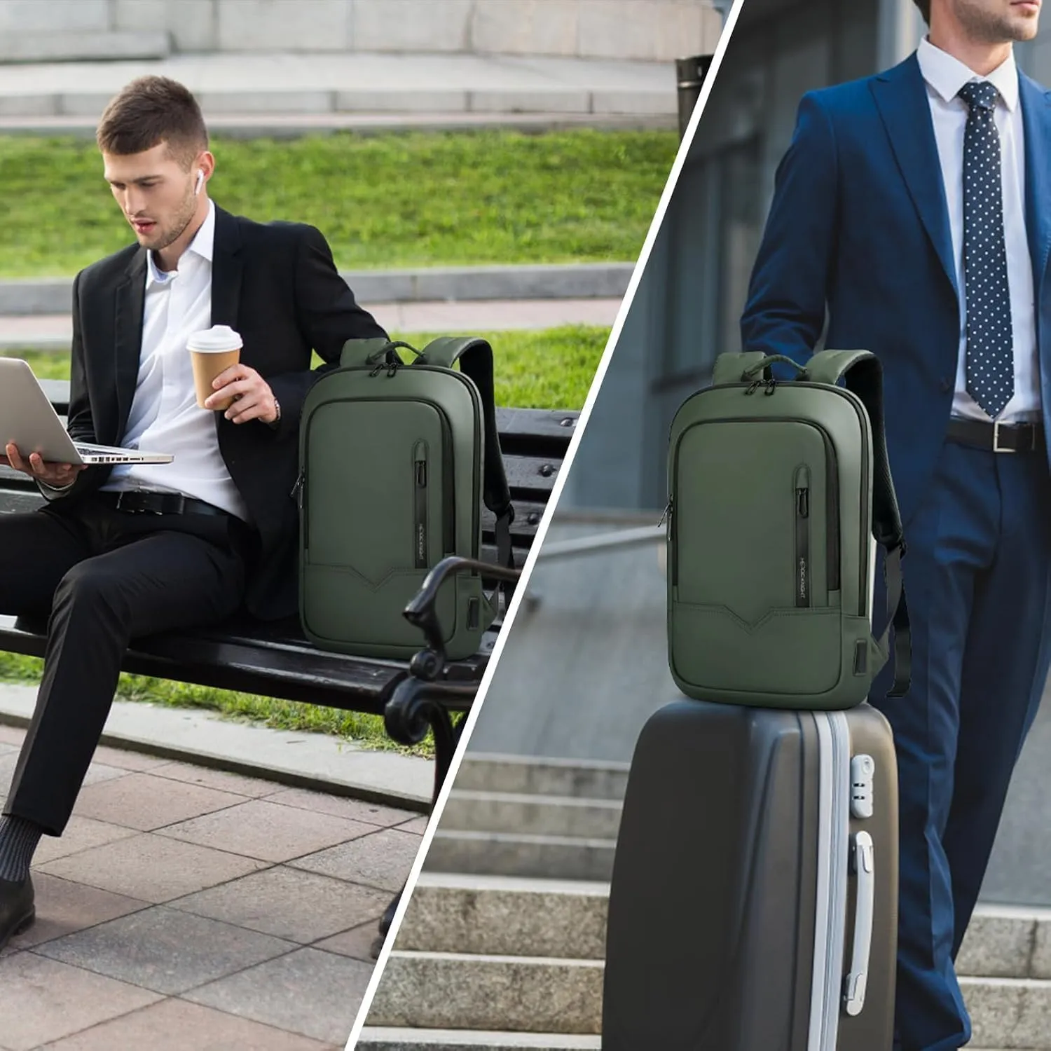 hk Backpack for Men Business Slim Backpack with USB Charger Computer Lightweight Anti-theft Travel (Green, 17.3 Inch)