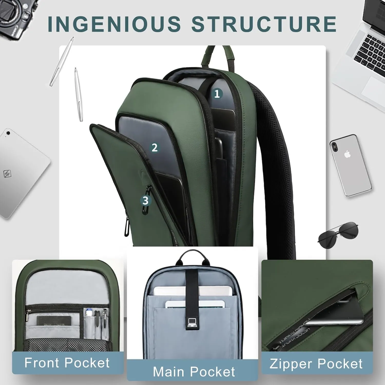 hk Backpack for Men Business Slim Backpack with USB Charger Computer Lightweight Anti-theft Travel (Green, 17.3 Inch)