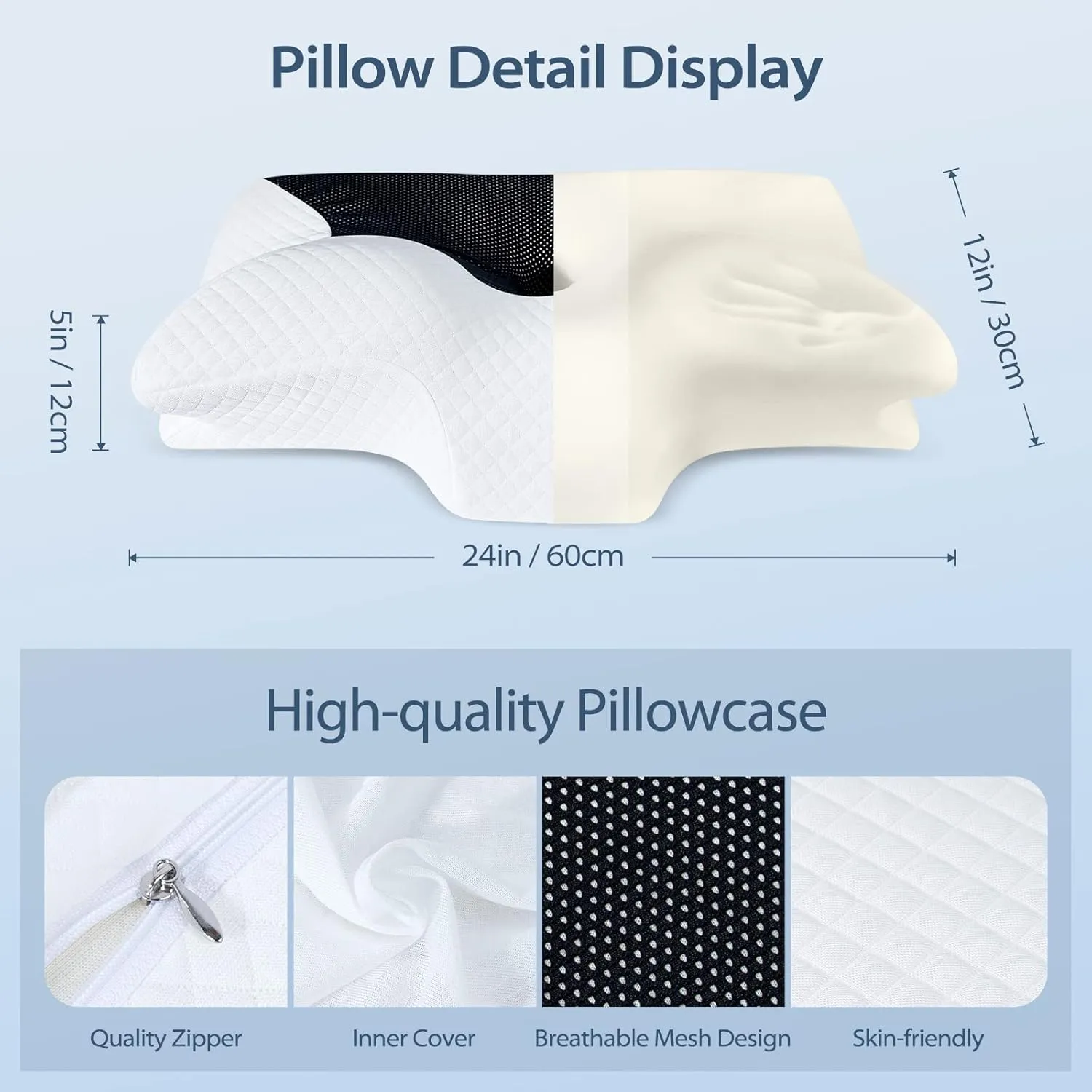 HOMCA Cervical Contour Memory Foam Pillow for Pain Relief, Orthopedic Neck Bed Pillow for Side Sleepers Back and Stomach