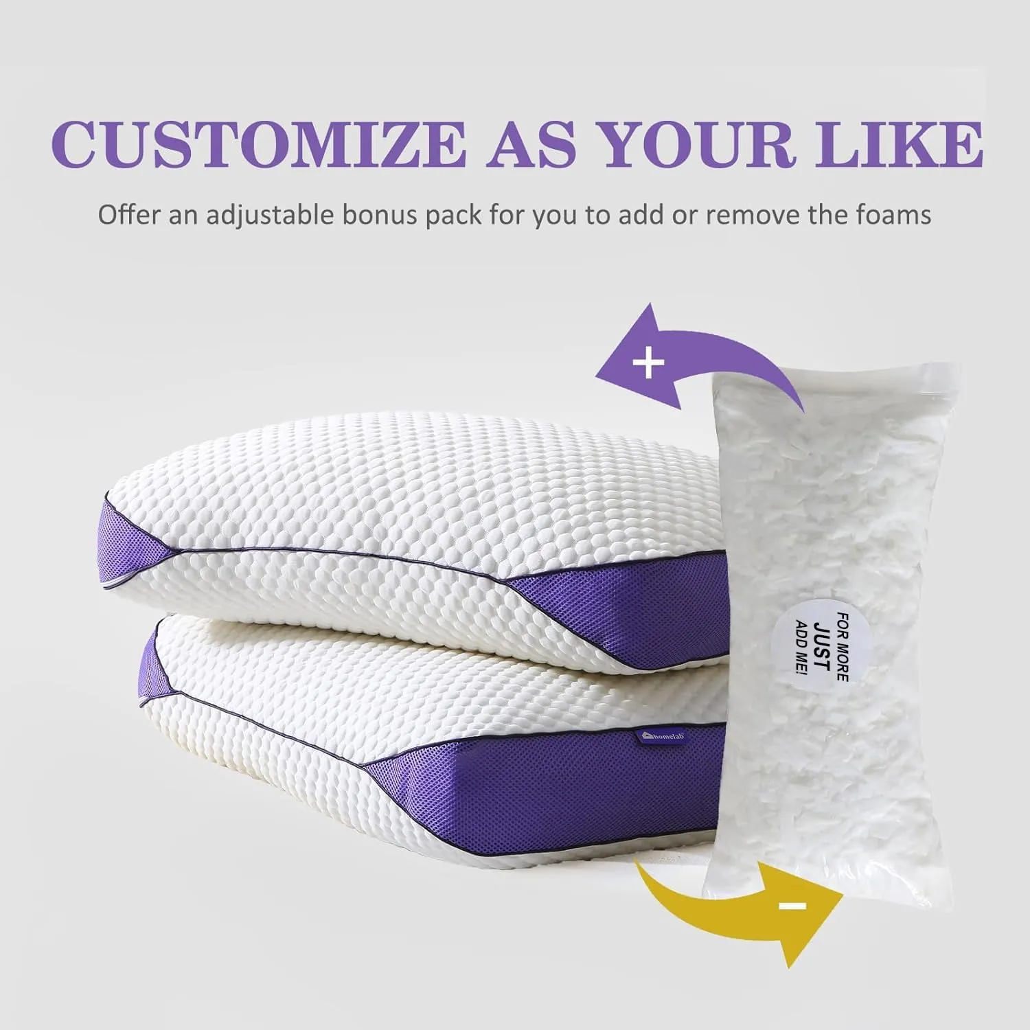 HOMELAB Adjustable Shredded Memory Foam Pillows King Size, Cooling Bed Pillows for Sleeping with Removable Cover, 2 Packs Medium Pillows for Side Stomach & Back Sleepers, 20"x34"