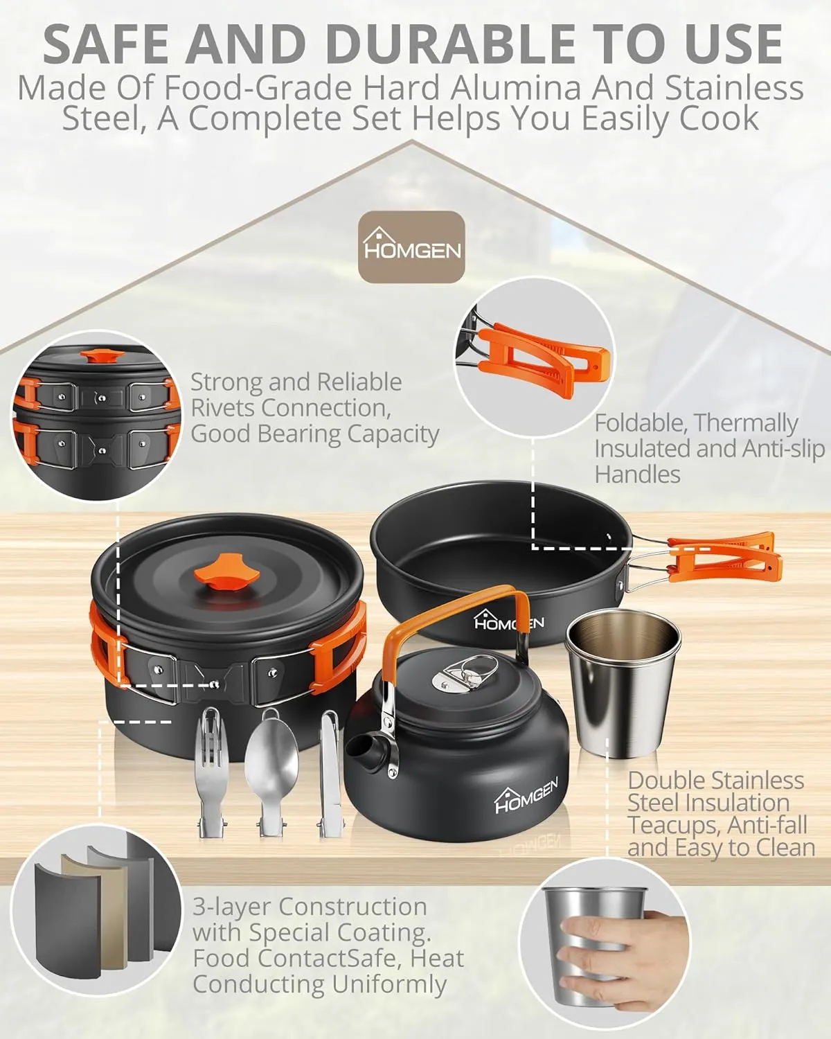 HOMGEN Portable Camping Cooking Set Camping Pots and Pans Set Aluminium Camping Cookware Kit Lightweight Camping Cooking Equipment with Storage Bag for 2-3 People for Camping Picnic Hiking etc