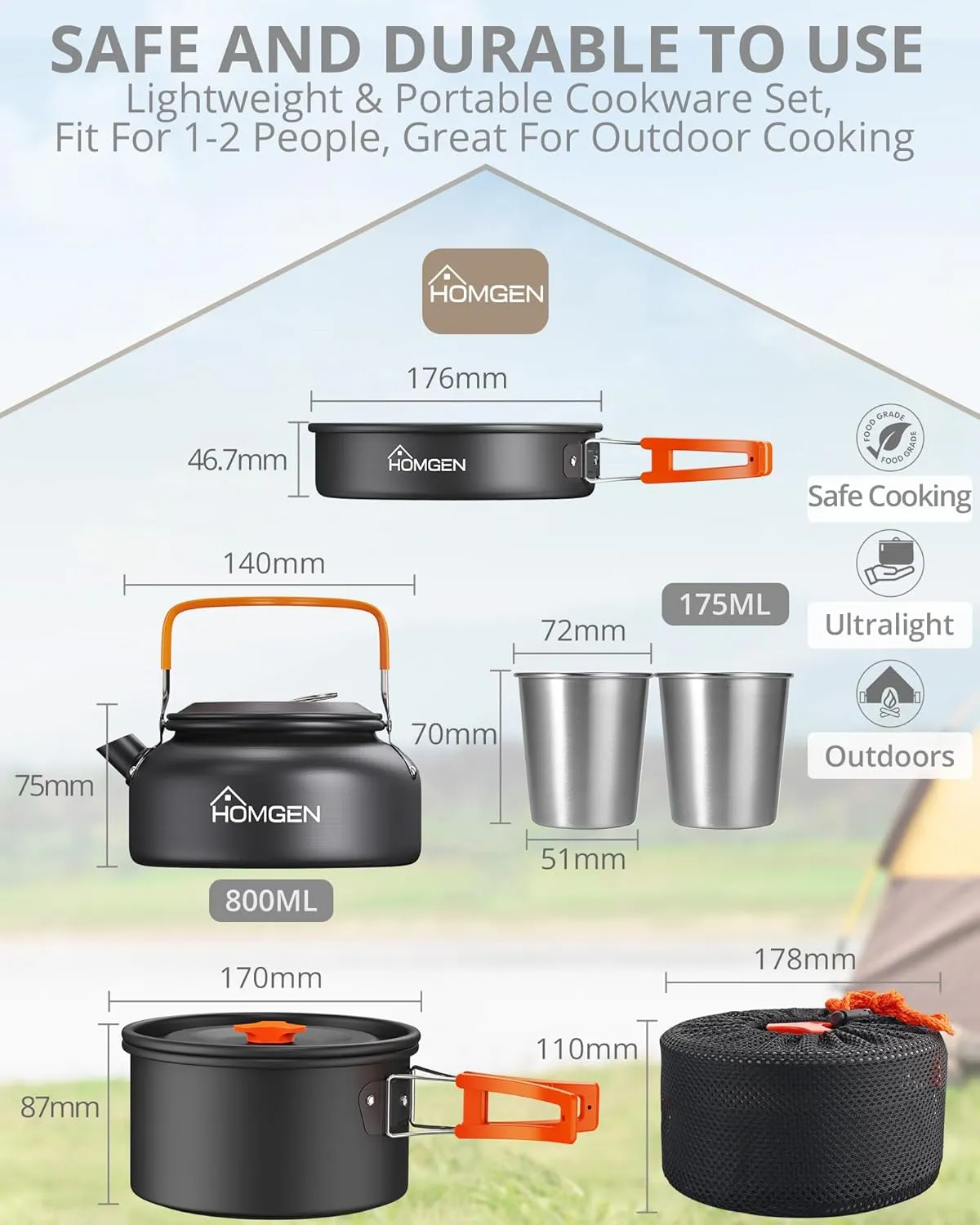 HOMGEN Portable Camping Cooking Set Camping Pots and Pans Set Aluminium Camping Cookware Kit Lightweight Camping Cooking Equipment with Storage Bag for 2-3 People for Camping Picnic Hiking etc