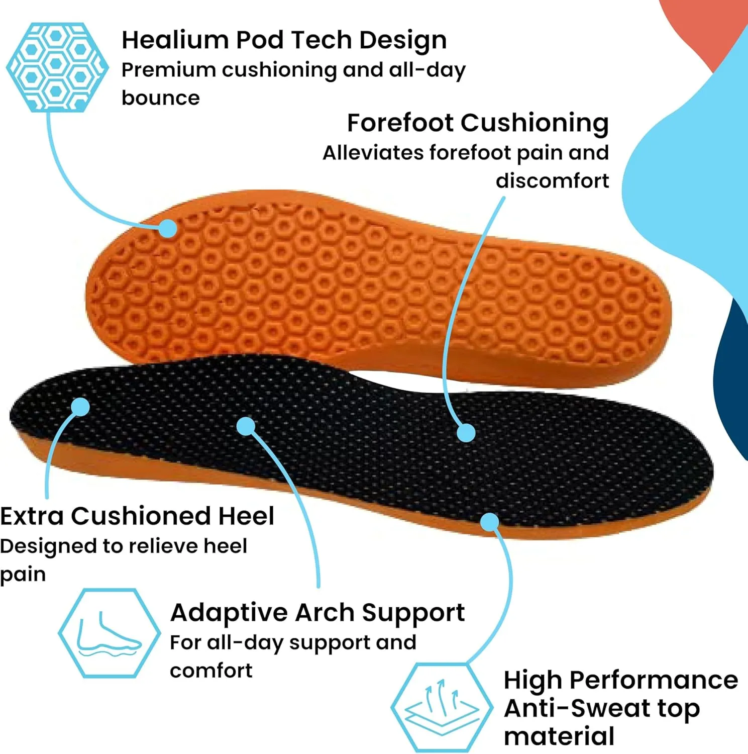 HUHV HEALIUM Pod Tech Recovery Unisex Insoles - Black/Orange Boost, Men's 8 / Women's 10
