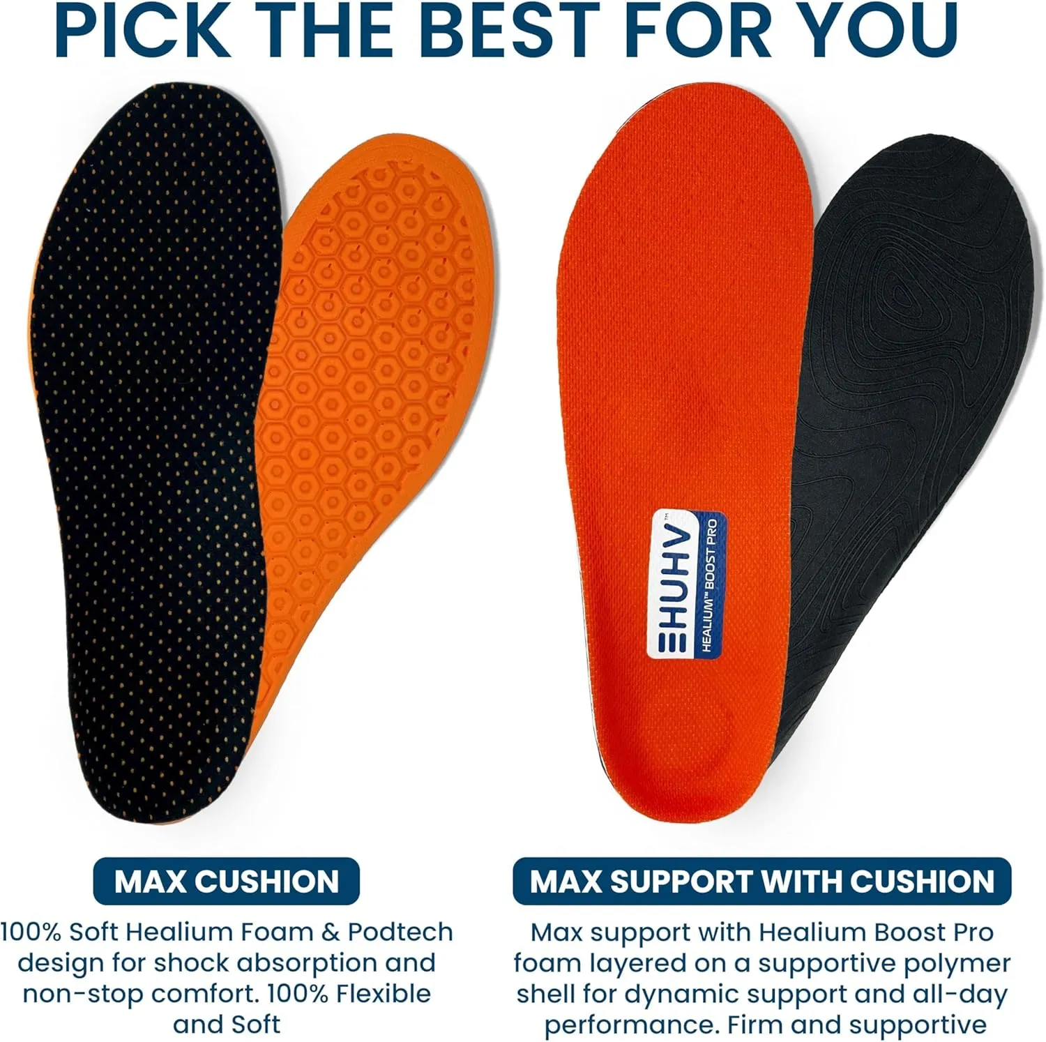 HUHV HEALIUM Pod Tech Recovery Unisex Insoles - Black/Orange Boost, Men's 8 / Women's 10