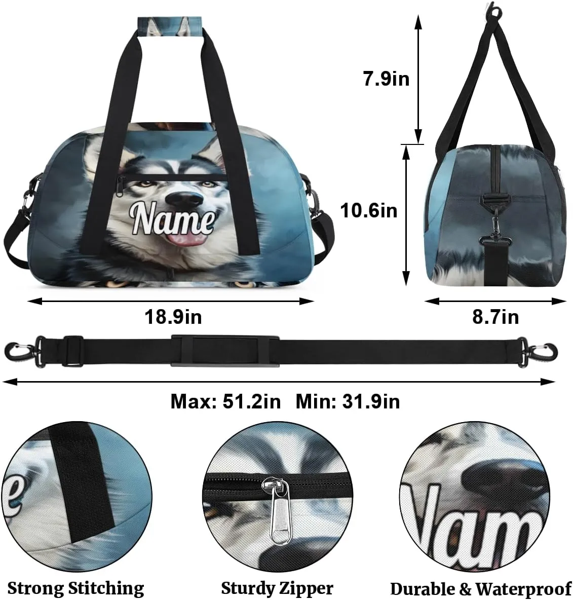 Husky Dog Printed Custom Name Sport Duffel Bag Dance Bag for Girls Teens Personalized Ballet Bag Gift for Birthday Christmas Helloween