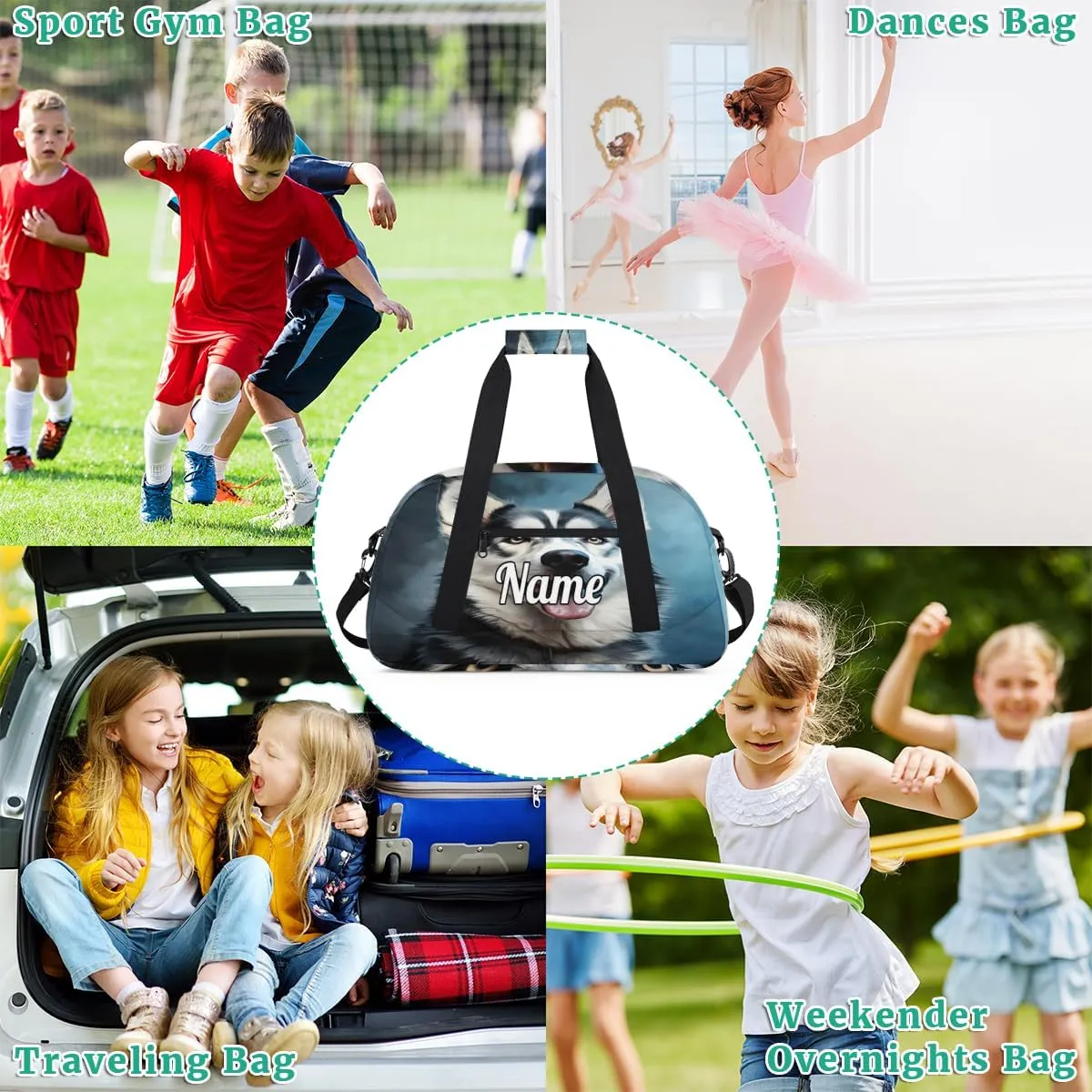 Husky Dog Printed Custom Name Sport Duffel Bag Dance Bag for Girls Teens Personalized Ballet Bag Gift for Birthday Christmas Helloween