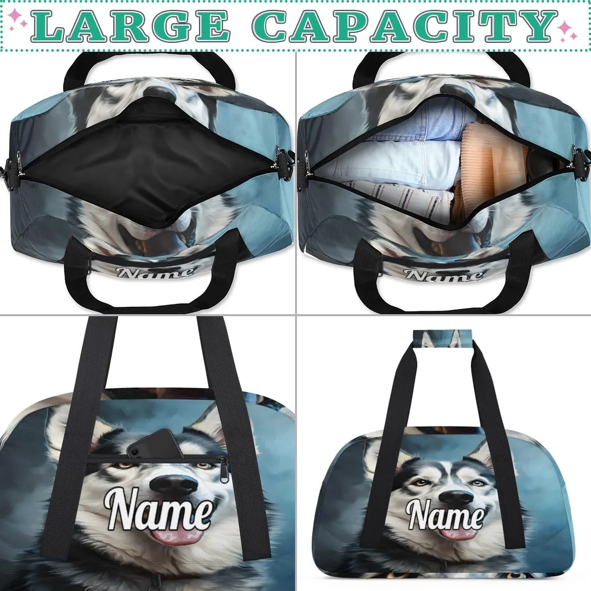 Husky Dog Printed Custom Name Sport Duffel Bag Dance Bag for Girls Teens Personalized Ballet Bag Gift for Birthday Christmas Helloween