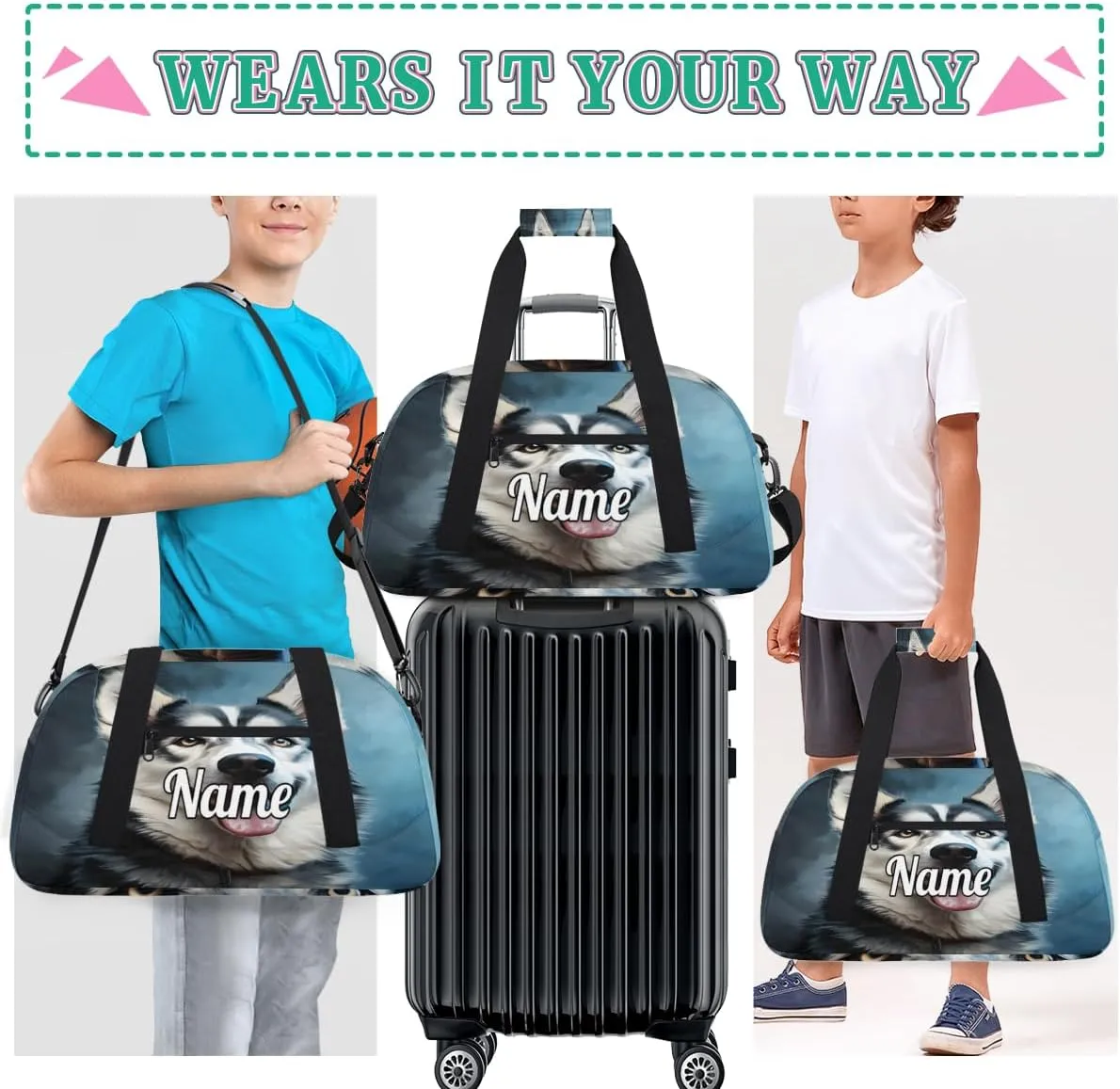 Husky Dog Printed Custom Name Sport Duffel Bag Dance Bag for Girls Teens Personalized Ballet Bag Gift for Birthday Christmas Helloween