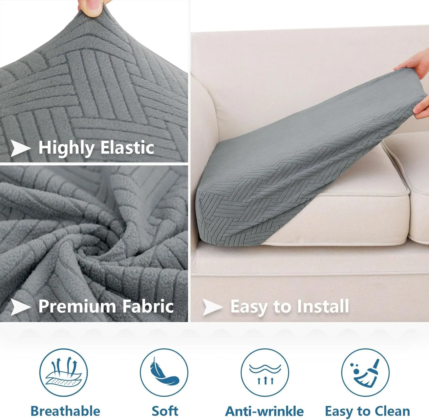 hyha Waterproof Couch Cushion Covers, Stretch Magic Sofa Seat Slipcover, Waterproof Sectional Couch/Sofa Cushion Covers for Pets Washable with Elastic Bottom(3PC, Grey)