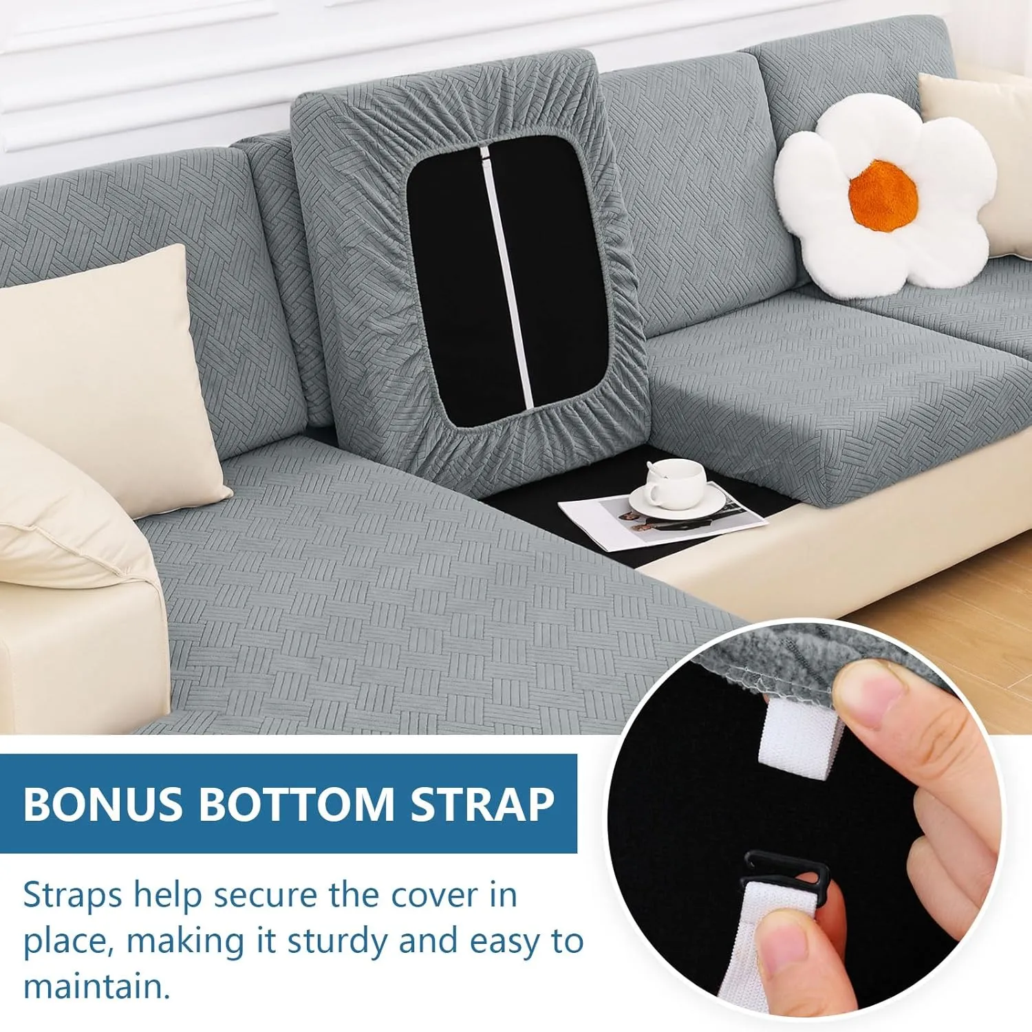 hyha Waterproof Couch Cushion Covers, Stretch Magic Sofa Seat Slipcover, Waterproof Sectional Couch/Sofa Cushion Covers for Pets Washable with Elastic Bottom(3PC, Grey)