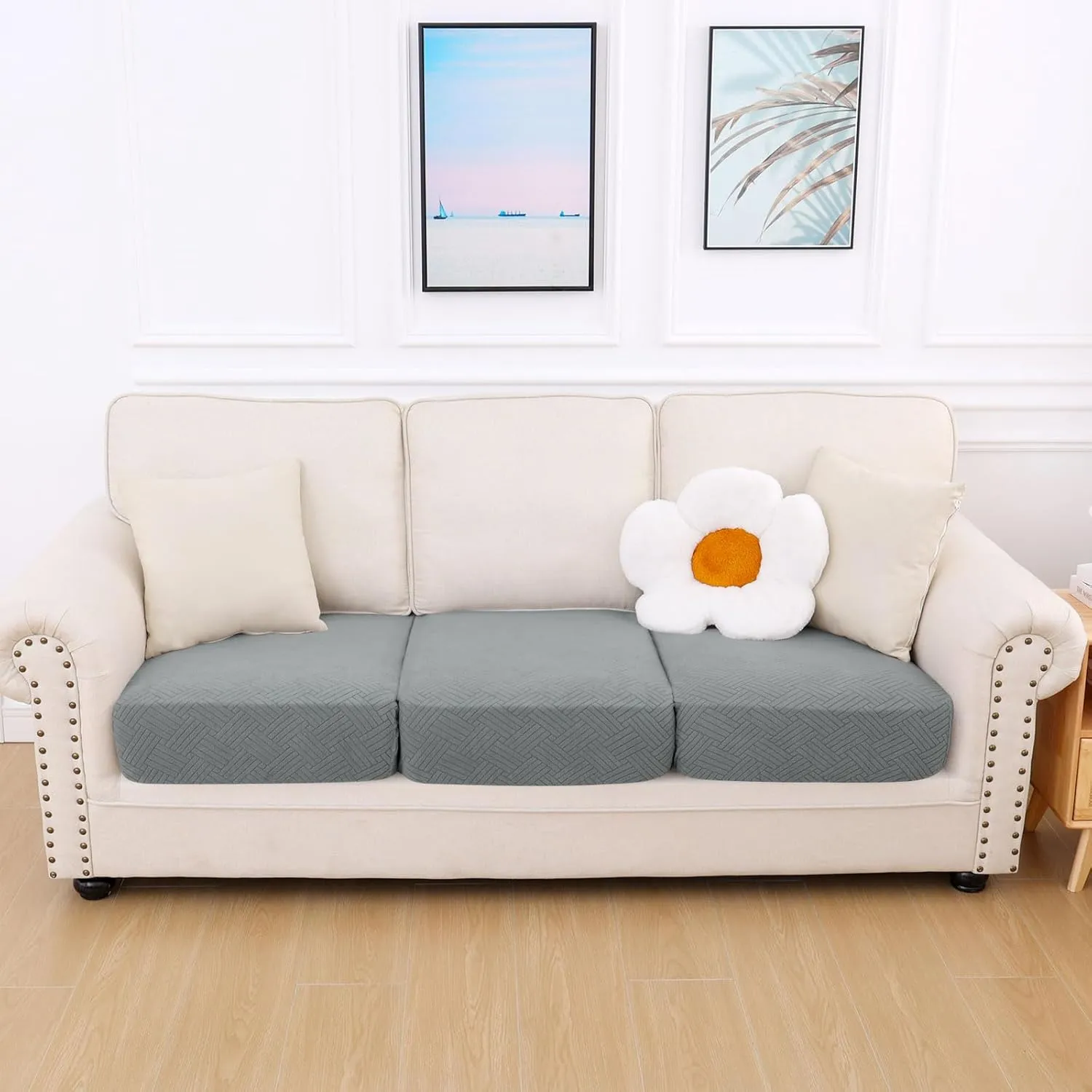 hyha Waterproof Couch Cushion Covers, Stretch Magic Sofa Seat Slipcover, Waterproof Sectional Couch/Sofa Cushion Covers for Pets Washable with Elastic Bottom(3PC, Grey)