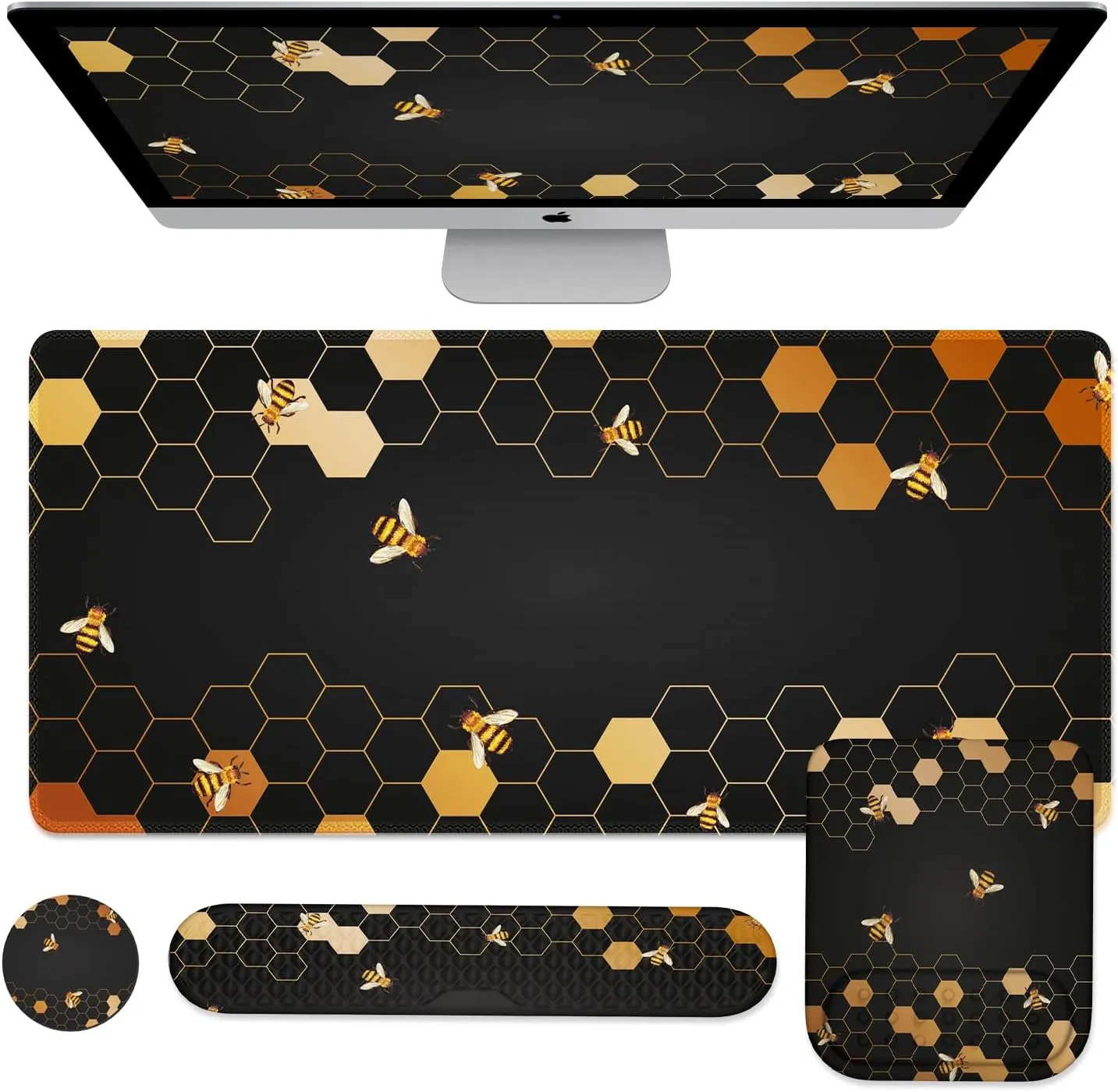 iCasso Desk Mat, 4in1 Gaming Mouse Pad with Wrist Rest, Large Computer Pad Keyboard Wrist Support Mouse Wrist Rest Coaster Set with Ergonomic Design, Non-Slip for Home Office Desk, Honeycomb