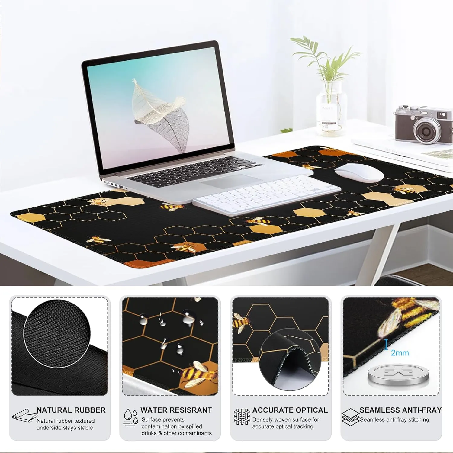 iCasso Desk Mat, 4in1 Gaming Mouse Pad with Wrist Rest, Large Computer Pad Keyboard Wrist Support Mouse Wrist Rest Coaster Set with Ergonomic Design, Non-Slip for Home Office Desk, Honeycomb
