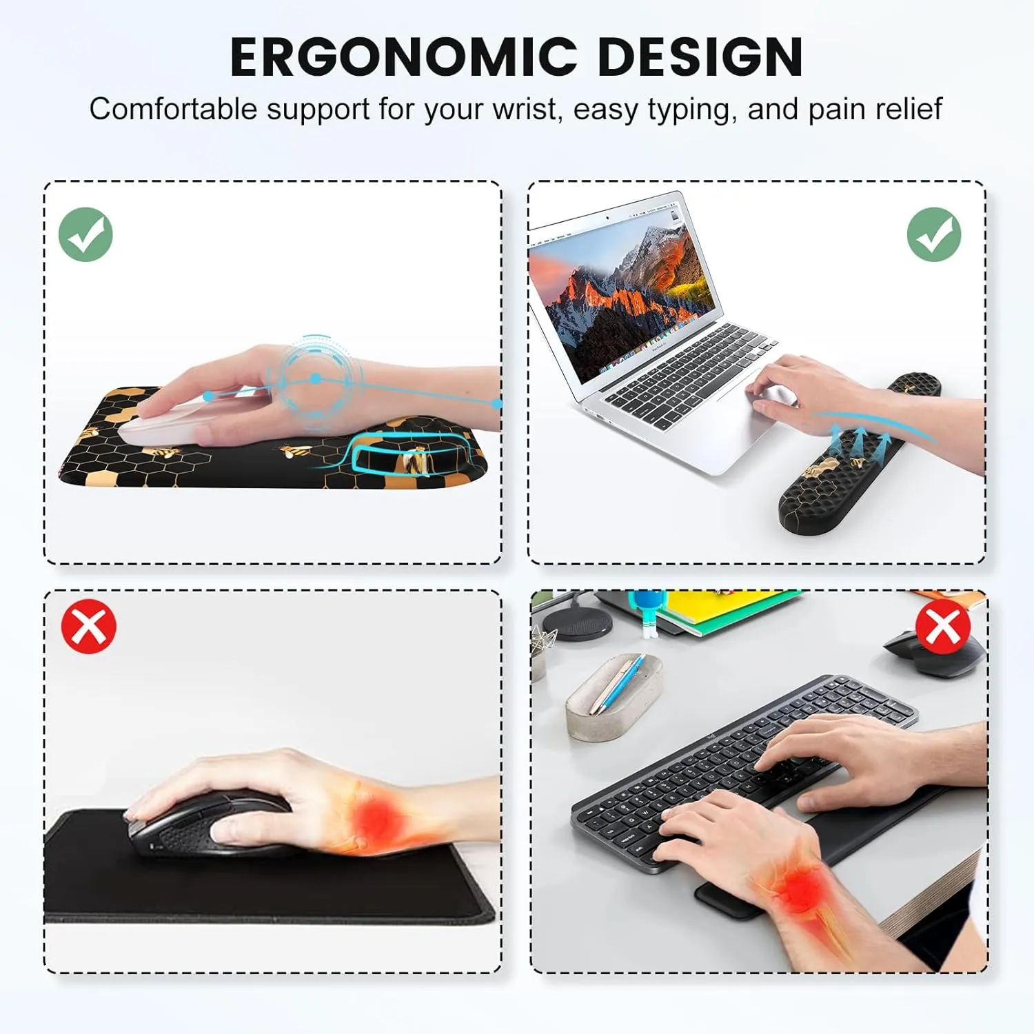 iCasso Desk Mat, 4in1 Gaming Mouse Pad with Wrist Rest, Large Computer Pad Keyboard Wrist Support Mouse Wrist Rest Coaster Set with Ergonomic Design, Non-Slip for Home Office Desk, Honeycomb