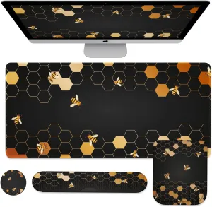 iCasso Desk Mat, 4in1 Gaming Mouse Pad with Wrist Rest, Large Computer Pad Keyboard Wrist Support Mouse Wrist Rest Coaster Set with Ergonomic Design, Non-Slip for Home Office Desk, Honeycomb