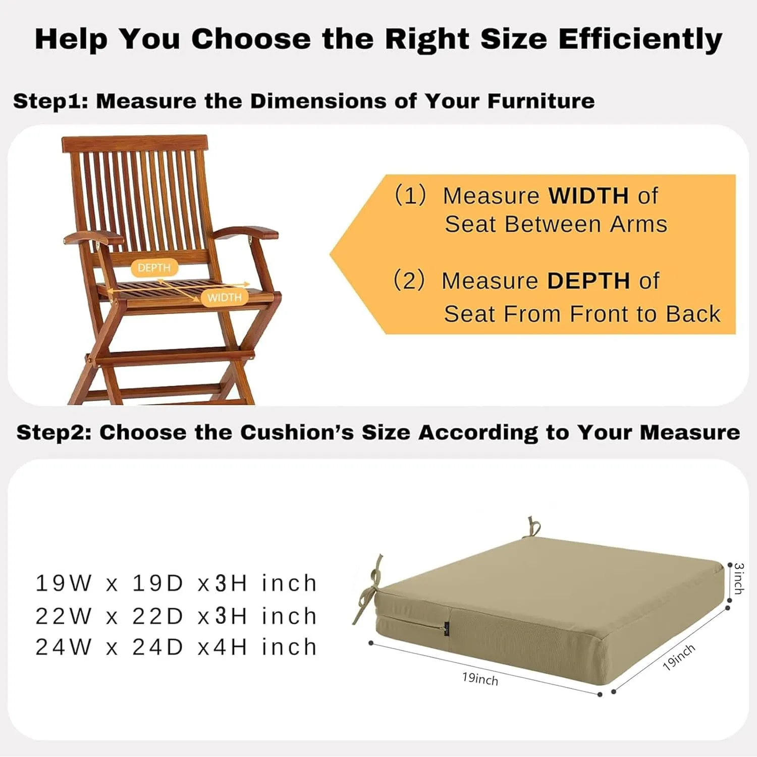 idee-home Outdoor Chair Cushions Set of 2, Waterproof Outdoor Seat Cushions for Patio Furniture, Outside Replacement Chair Pad with Ties for Lawn Deck Porch, 19 x 19