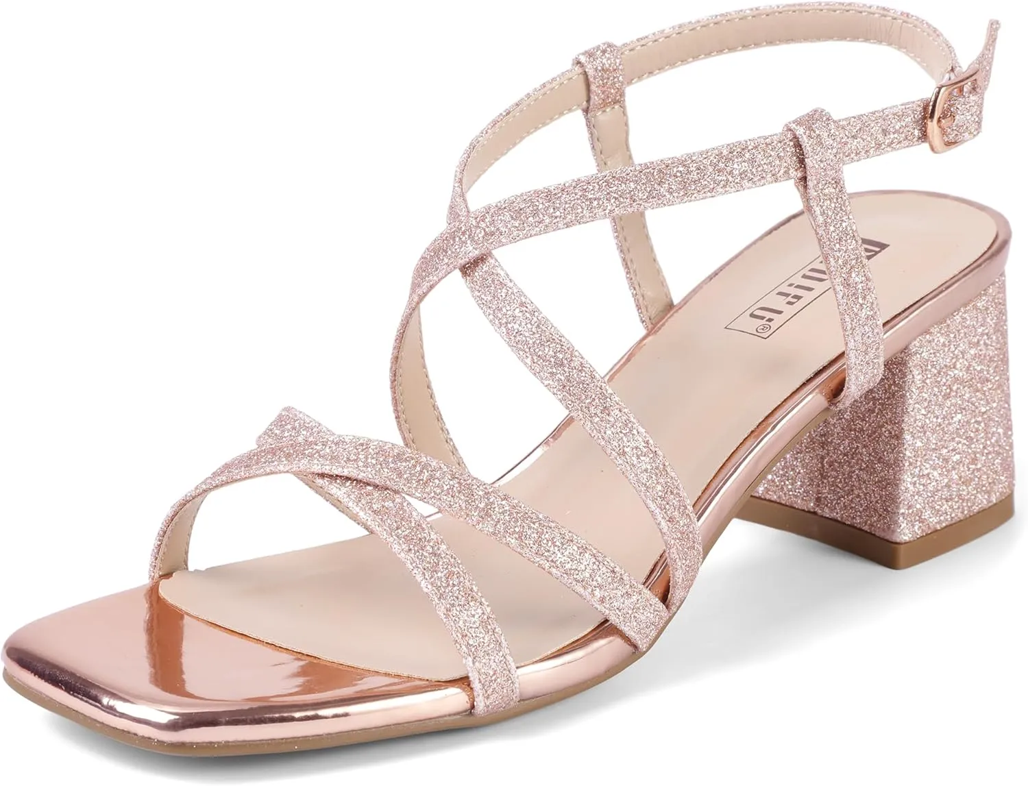 IDIFU IN2 Strappy Heels Chunky Block Square Toe Wedding Prom Bride Bridal Dance Party Dress Shoes for Women Trendy Comfortable Dressy Cute Casual Summer Heeled Sandals Slingback Low Short Heels