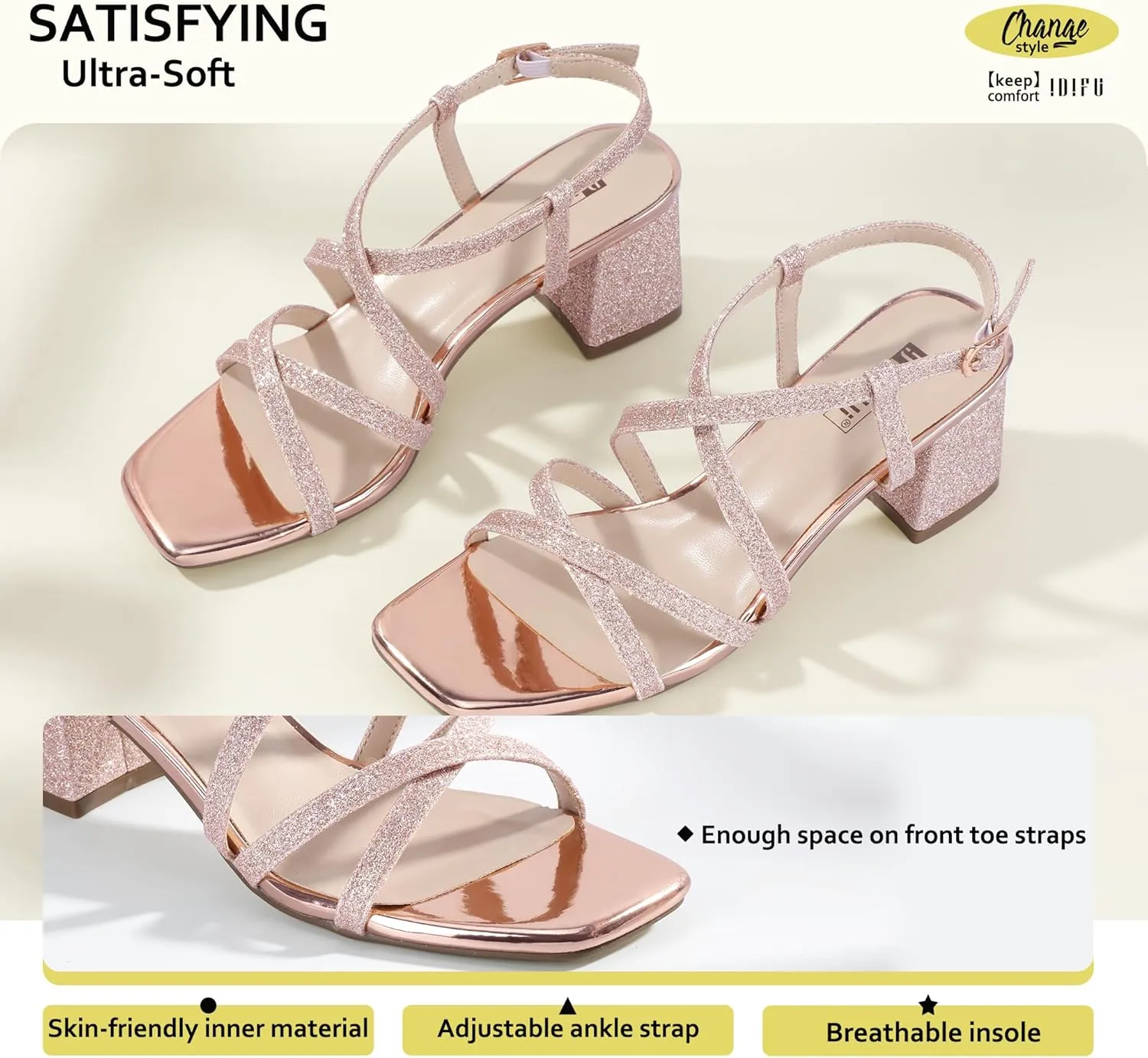 IDIFU IN2 Strappy Heels Chunky Block Square Toe Wedding Prom Bride Bridal Dance Party Dress Shoes for Women Trendy Comfortable Dressy Cute Casual Summer Heeled Sandals Slingback Low Short Heels