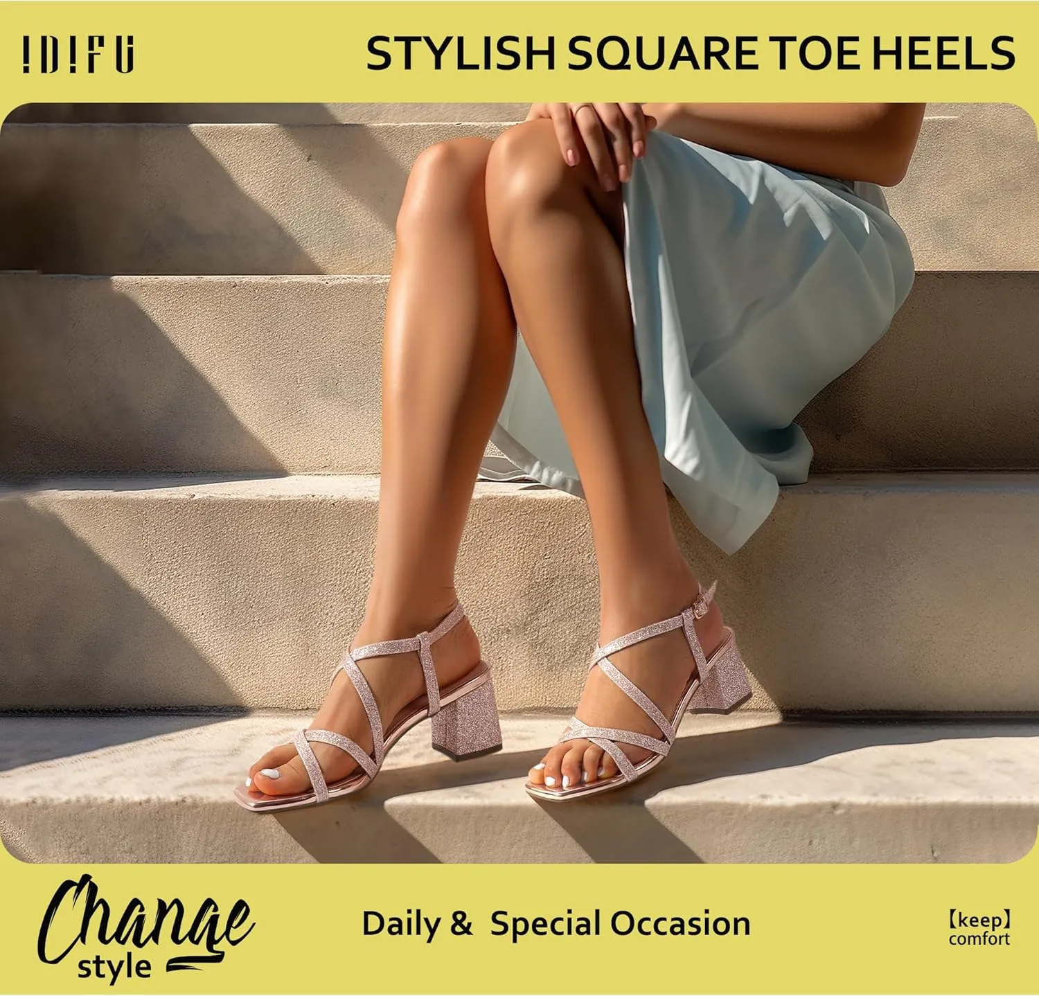 IDIFU IN2 Strappy Heels Chunky Block Square Toe Wedding Prom Bride Bridal Dance Party Dress Shoes for Women Trendy Comfortable Dressy Cute Casual Summer Heeled Sandals Slingback Low Short Heels