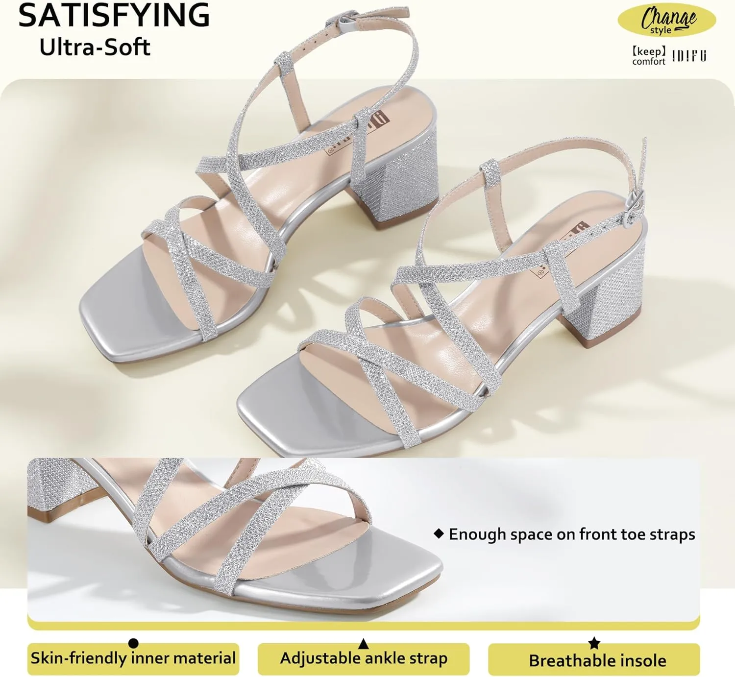 IDIFU IN2 Strappy Heels Chunky Block Square Toe Wedding Prom Bride Bridal Dance Party Dress Shoes for Women Trendy Comfortable Dressy Cute Casual Summer Heeled Sandals Slingback Low Short Heels