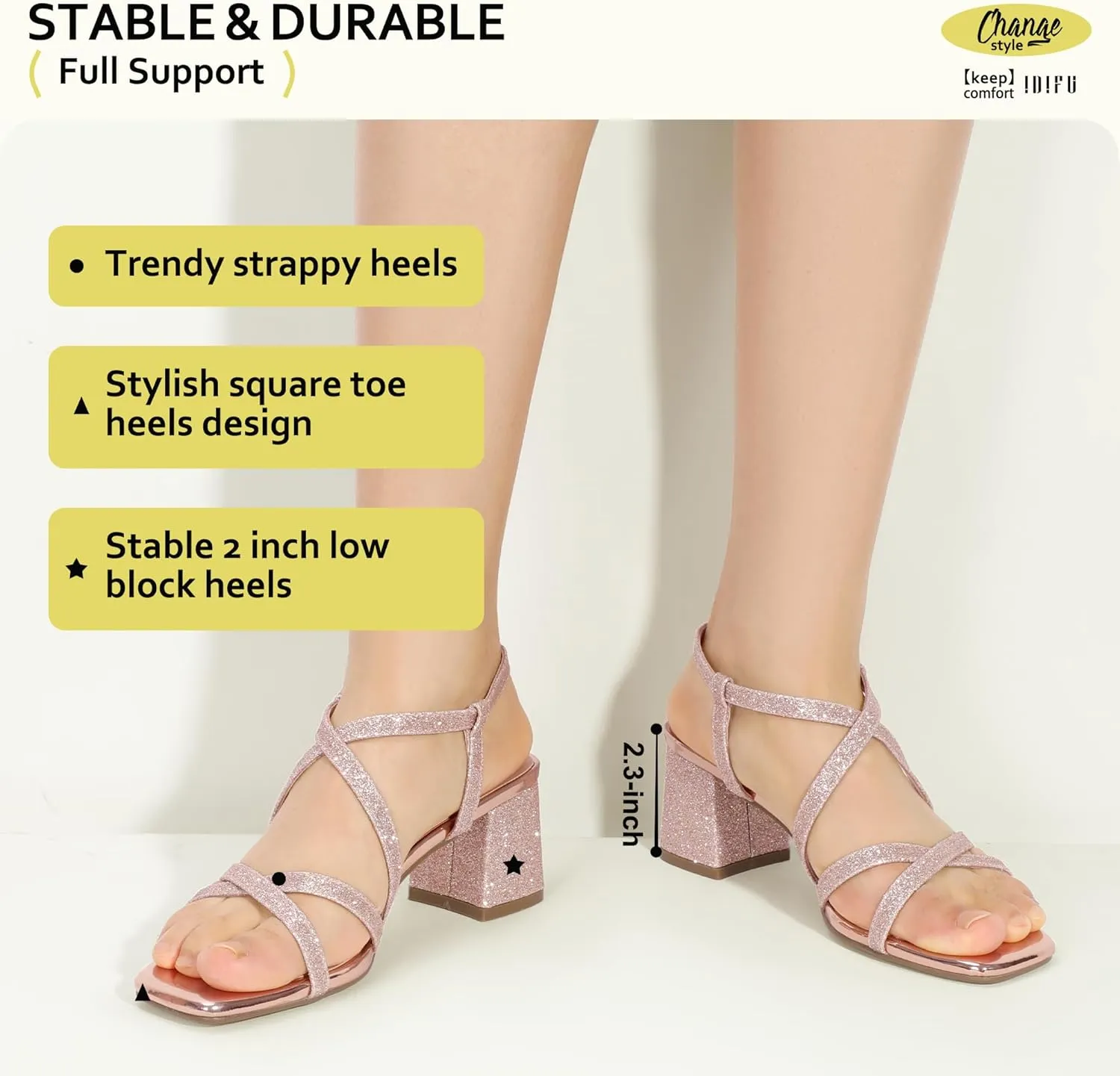 IDIFU IN2 Strappy Heels Chunky Block Square Toe Wedding Prom Bride Bridal Dance Party Dress Shoes for Women Trendy Comfortable Dressy Cute Casual Summer Heeled Sandals Slingback Low Short Heels