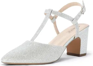 IDIFU IN3 Women's Pumps Slingback Closed Toe Heels Strappy Block Low T Strap Dress Shoes Chunky Short Pointed Toe Heels Wedding Pumps Shoes