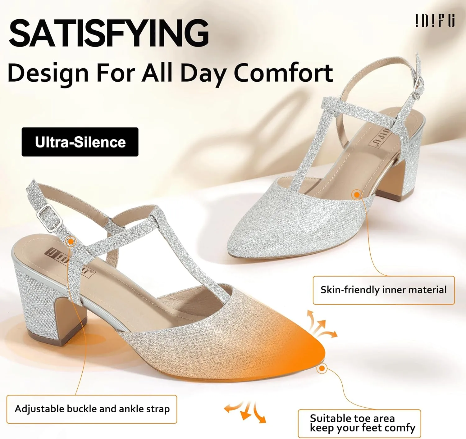 IDIFU IN3 Women's Pumps Slingback Closed Toe Heels Strappy Block Low T Strap Dress Shoes Chunky Short Pointed Toe Heels Wedding Pumps Shoes