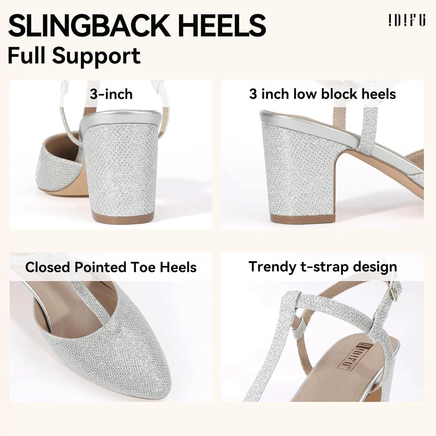 IDIFU IN3 Women's Pumps Slingback Closed Toe Heels Strappy Block Low T Strap Dress Shoes Chunky Short Pointed Toe Heels Wedding Pumps Shoes