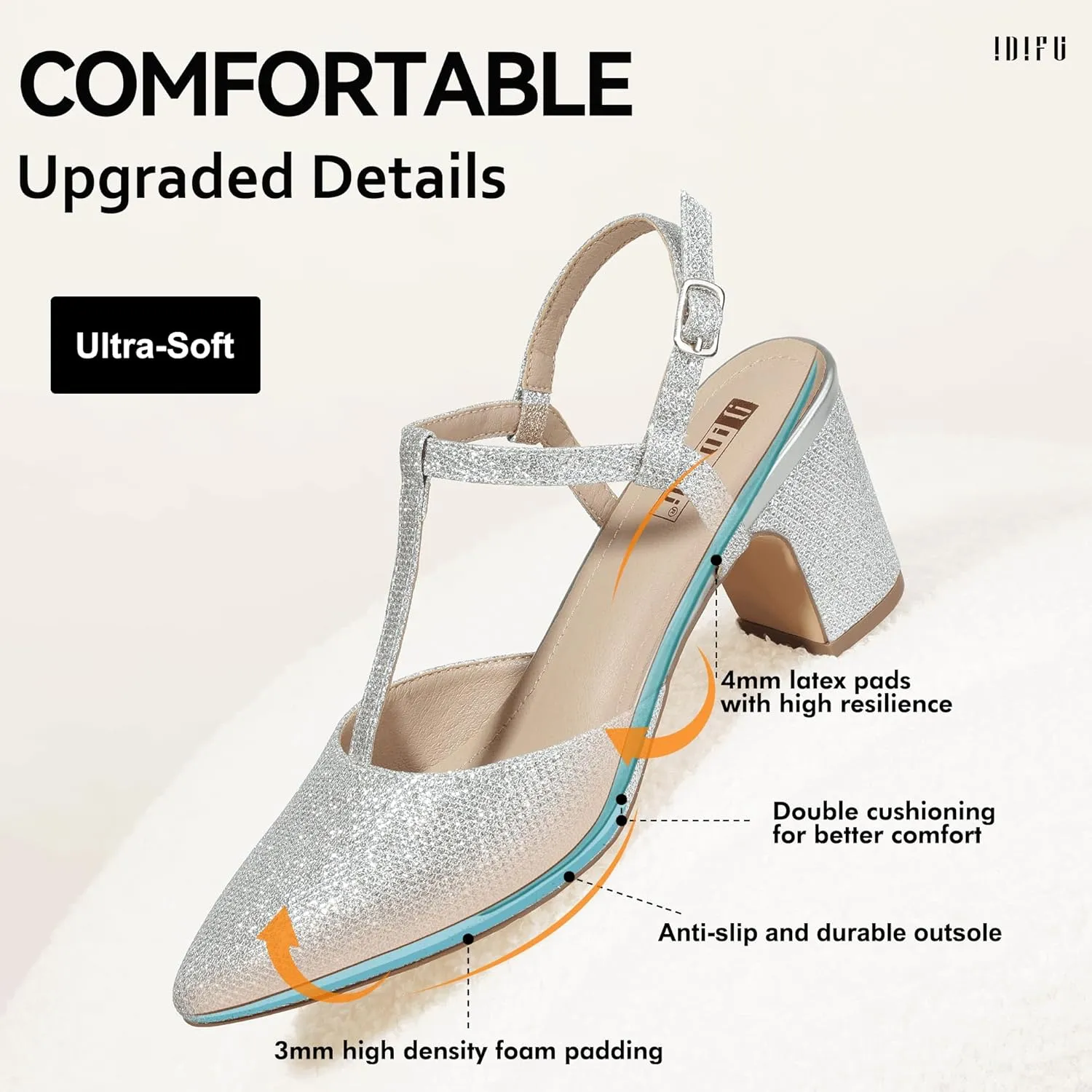 IDIFU IN3 Women's Pumps Slingback Closed Toe Heels Strappy Block Low T Strap Dress Shoes Chunky Short Pointed Toe Heels Wedding Pumps Shoes